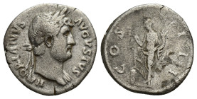 Hadrian AD 117-138. Rome Denarius AR (18mm, 2.92 g). HADRIANVS AVGVSTVS, laureate bust right, with slight drapery / COS III, Annona standing left, wit...