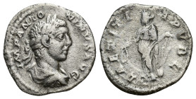 Elagabalus AD 218-222. Rome Denarius AR (18mm, 3.00 g) IMP ANTONINVS AVG, cuirassed, laureate and draped bust right / LAETITIA PVBL, Laetitia standing...