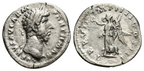 LUCIUS VERUS (161-169). Denarius. (18mm, 2.89 g) Rome. Obv: L VERVS AVG ARM PARTH MAX. Laureate head right. Rev: TR P VII IMP IIII COS III. Victory ad...