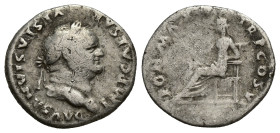 Vespasian AD 69-79. Rome Denarius AR (18mm, 3.00 g). IMP CAESAR VESPASIANVS AVG, laureate head of Vespasian to right / PON MAX TR P COS V[I ?], Pax se...