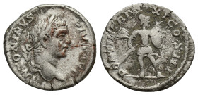 Caracalla AR Denarius. (18mm, 3.23 g) Rome, AD 208. ANTONINVS PIVS AVG, laureate head to right / PONTIF TR P XI COS III, Mars in fighting stance to ri...