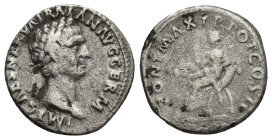 Trajan AR Denarius. (17mm, 3.24 g) Rome, AD 98-99. IMP CAES NERVA TRAIAN AVG GERM, laureate head right / PONT MAX TR POT COS II, Abundantia seated lef...