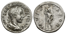 Gordian III. AD 238-244. Rome Denarius AR (19mm, 2.69 g). IMP GORDIANVS PIVS FEL AVG, laureate, draped and cuirassed bust right / IOVIS STATOR, Jupite...
