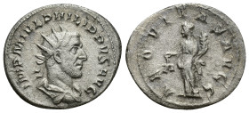 Philip I Arab AD 244-249. Rome Antoninianus AR (22mm, 3.75 g) IMP PHILIPPVS AVG, radiate, cuirassed and draped bust right / AEQVITAS AVGG, Aequitas st...