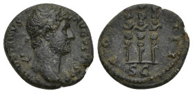 Hadrian Æ Semis or Quadrans. (15mm, 3.39 g) Rome, AD 125-128. HADRIANVS AVGVSTVS PP, laureate, draped and cuirassed bust right / COS III, aquila betwe...
