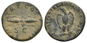 Hadrian Æ Semis. (18mm, 3.31 g) AD 121-122. P M TR P COS III, winged thunderbolt, SC below. / IMP CAESAR TRAIAN HADRIANVS AVG, eagle standing facing, ...