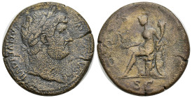 Hadrian (117-138), Sestertius, Rome, 124-8. AE (33mm, 25.00 g). HADRIANVS AVGVSTVS, Laureate bust r., slight drapery; Rv. COS III, Roma seated l. on c...