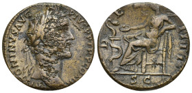 Antoninus Pius Æ Sestertius. (28mm, 23.41 g) Rome, AD 144. ANTONINVS AVG PIVS P P TR P COS III, laureate head right / DES IIII, Salus seated left, hol...