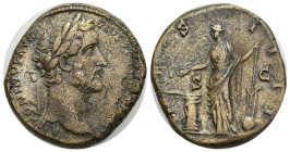 Antoninus Pius (138-161), Sestertius, Rome, AD 145-161; AE (30mm, 24.82 g); ANTONINVS AVG - PIVS P P TR P, laureate head r., Rv. COS - IIII, Salus sta...