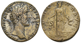 Antoninus Pius Æ Sestertius. (29mm, 23.97 g) Rome, AD 140-144. ANTONINVS AVG PIVS P P TR P COS III, laureate head right / ANNONA AVG, Annona standing ...