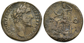 Antoninus Pius (138-161), Sestertius, Rome, AD 147. AE (29mm, 24.73 g). ANTONINVS AVG PIVS P P TR P COS IIII, Laureate head r.; Rv. Securitas seated l...