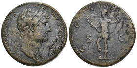 Hadrian. AD 117-138. Æ Sestertius (32mm, 27.26 g). Rome mint. Struck circa AD 124-128. Laureate bust right, slight drapery / Virtus standing left, foo...