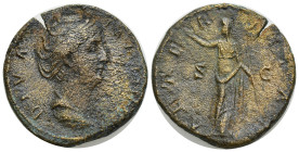 Diva Faustina. Sestertius. (29mm, 23.85 g) 141 AD. Rome. Anv.: DIVA FAVSTINA, draped bust right . Rev.: AETERNITAS, Juno standing left, raising hand a...