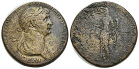 Trajan Æ Sestertius. (33mm, 24.36 g) Rome, AD 114-117. IMP CAES NER TRAIANO OPTIMO AVG GER DAC P M TR P CO[S VI P P], laureate and draped bust right /...