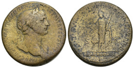 Trajan Æ Sestertius. (31mm, 23.81 g) Rome, AD 111. IMP CAES NERVAE TRAIANO AVG GER DAC P M TR P COS V P P, laureate head to right, slight drapery on f...