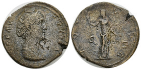 Diva Faustina AD 141. Rome Sestertius Æ (31mm, 18.98 g). DIVA FAVSTINA, draped bust right, wearing pearls bound on top of her head / AVGVSTA, Ceres st...