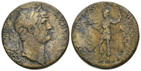 Hadrian Æ Sestertius. (31mm, 25.33 g) Rome, AD 125-128. HADRIANVS AVGVSTVS, laureate bust right, with drapery on far shoulder / COS III, Virtus standi...