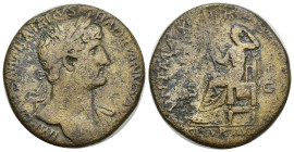 Hadrian Æ Sestertius. (32mm, 23.69 g) Rome, AD 119-121.IMP CAESAR TRAIANVS HADRIANVS AVG, laureate head right, slight drapery on shoulder / PONT MAX T...