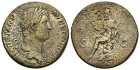 Hadrian Æ Sestertius. (31mm, 21.63 g) Rome, AD 134-138. HADRIANVS AVG COS III P P, laureate head right / Dacia seated left on rock pile, holding vexil...