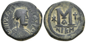 Justinian I (AD 527). Æ 40 Nummi (28mm, 16.73 g). Nicomedia. Diademed, draped and cuirassed bust of Justin r. R/ Large M; cross above, star and cross ...