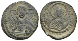 Anonymous (attributed to Romanus IV). Ca. 1068-1071. Æ follis (26mm, 9.46 g). Constantinople. Facing bust of Christ Pantokrator / Facing bust of the V...