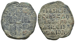 Basil I the Macedonian, with Constantine. 867-886. Æ Follis (26mm, 7.94 g). Constantinople mint. Struck 868-870. Crowned figures of Basil and Constant...