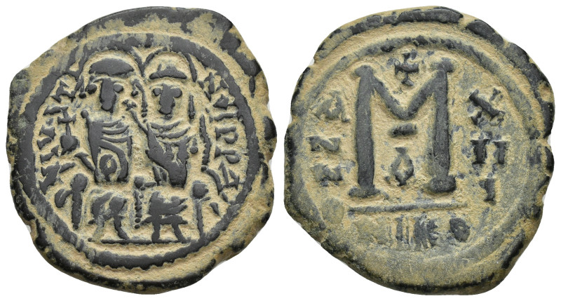 Justin II, with Sophia. 565-578. Æ Follis (30mm, 13.21 g). Nicomedia mint, 1st o...