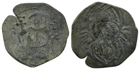 Michael VIII Palaeologus, AE Trachy, (23mm, 2.42 g) 1261-1282, Cherub facing, wings spread, dots in 2 diamond shapes in fields / Michael enthroned, ho...