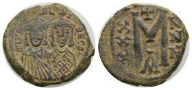 Michael II with Theophilus AD 820-829. Constantinople Follis Æ (21mm, 6.26 g). MIXA-HL S ΘEOFI; Michael, wearing crown and chlamys with short beard on...