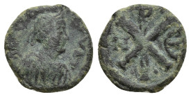 Justinian I (527-565). Æ 5 Nummi (13mm, 1.93 g). Nicomedia. Diademed, draped and cuirassed bust r. R/ Large Chi-Rho monogram between N-E.