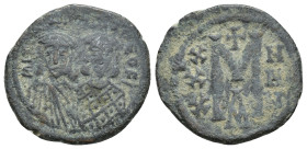 Michael II with Theophilus AD 820-829. Constantinople Follis Æ (21mm, 5.10 g). MIXA-HL S ΘEOFI; Michael, wearing crown and chlamys with short beard on...