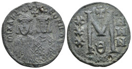 Michael II the Amorian, with Theophilus, Æ 40 Nummi. (28mm, 6.49 g) Constantinople, AD 821-829. MIXAHL S ΘЄΟFILOS, crowned and facing busts of Michael...