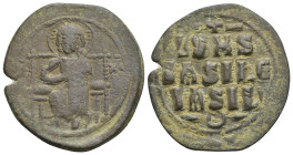 Time of Constantine IX, circa 1042-1055. Anonymous AE follis (30mm, 7.85 g), Constantinopolis. Christ seated facing on square-backed throne. Rev. IS X...