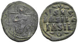 Time of Constantine IX, circa 1042-1055. Anonymous AE follis (27mm, 6.58 g), Constantinopolis. Christ seated facing on square-backed throne. Rev. IS X...