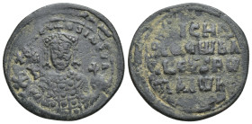 Nicephorus II Phocas. 963-969. Æ Follis (28mm, 7.27 g). Constantinople mint. Crowned facing bust, holding cruciform scepter and globe surmounted by tr...