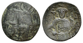 Latin Rulers of Constantinople. 1204-1261. Æ Trachy (16mm, 1.14 g). Small module issue. Theotokos (Virgin Mary) enthroned facing; stars flanking / Hal...