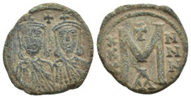 Nicephorus I, with Stauracius AD 802-811. Constantinople Follis Æ (22mm, 4.80 g) Facing busts of Nicephorus on the left, with short beard, and Staurac...