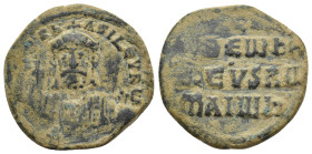 NICEPHORUS II PHOCAS (963-969 AD). AE, Follis. (24mm, 7.28 g) Constantinople. Obv: nICIFR bASILEV RW. Facing bust of Romanus I with beard, wearing cro...