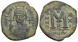 Justinian I Æ 40 Nummi. (35mm, 18.44 g) Theoupolis (Antioch), dated RY 21 = AD 547/8. D N IVSTINIANVS P P AVI, helmeted and cuirassed bust facing, hol...