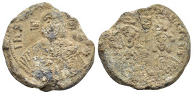 Leo VI the Wise (886-912), with Alexander. Seal (24mm, 12.29 g). +IhSЧS X-RIST[OS] Bust of Christ Pantokrator facing, with a large cross behind his he...