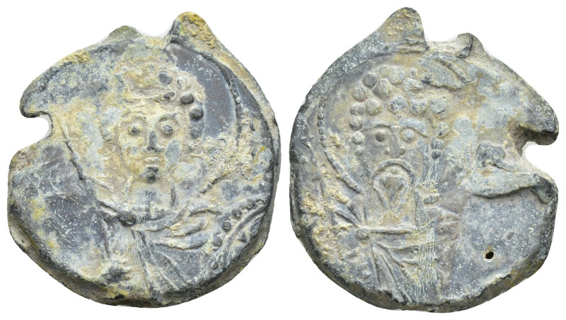 Byzantine Lead Seal Obv: Nimbate facing bust of Saint. He holds a spear in his r...