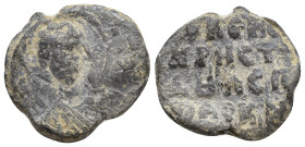 Byzantine lead seal, Obv: Bust of saint facing, nimbate / Rev: Legends in four lines. 21mm, 7.38 gr.
