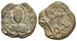 Byzantine lead seal, Obv: Bust of saint facing, nimbate / Rev: Monogram. 21mm, 9.85 gr.