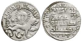Seljuks of Rum, Ghiyath al-Din Kay Khusraw II AR Dirham. (22mm, 2.93 g) Lion advancing to right, two stars and crescent around; above personification ...