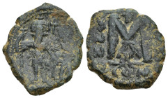 Arab-Byzantine, Umayyad Caliphate Æ Fals. (21mm, 5.62 g) "Pseudo-Byzantine" mint, circa AD 642-646. Heraclius and Heraclius Constantine standing facin...