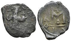 Arab-Byzantine (660-680). Ae. (21mm, 3.87 g) Fals. Obv: Emperor standing facing, holding long cross and globus cruciger. Rev: Cursive M.