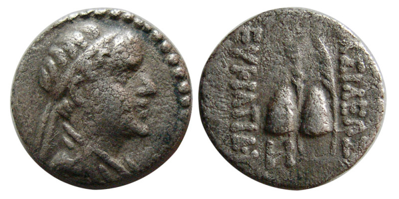 KINGS of BAKTRIA. Eukratides I. 171-145 BC. AR Obol (0.63 gm; 11 mm). Diademed a...