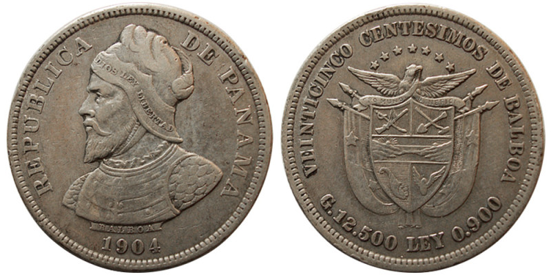 PANAMA, 1904. 25 Centimous (12.39 gm; 29 mm). Choice EF. Toned.