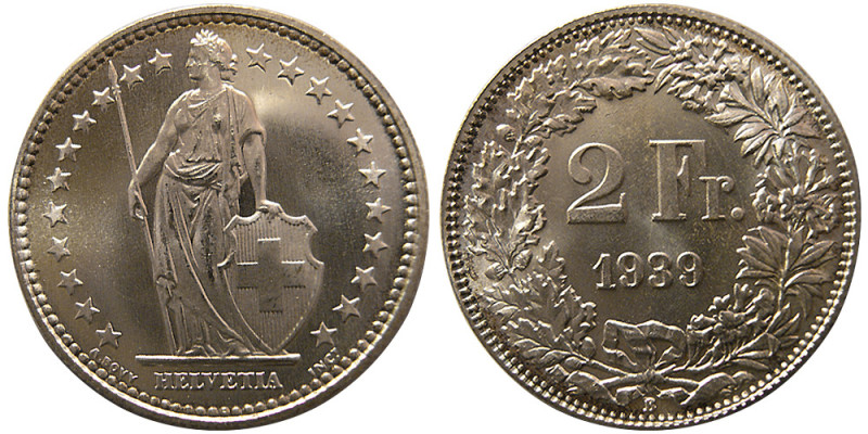 SWITZERLAND, 1939. AR 2 Francs (9.92 gm; 27 mm). Choice UNC. Fully lustrous.