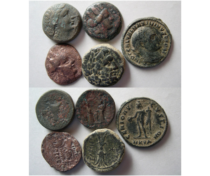 Group Lot of 5 Ancient Bronze coins. Lot includes 4 Greek and 1 Roman coin. Aver...